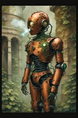 COPILOT PROMPT A majestic, eight-foot-tall automaton, constructed from polished copper and oiled wood, stands in a desolate, overgrown garden. Vines and moss cling to its metallic limbs, and a single, glowing glass eye seems to observe the world with quiet contemplation. A small puff of steam escapes from a valve on its chest, giving the only sign of life. The background is the rusted, decaying façade of a grand Victorian manor, half-swallowed by the wilderness. The scene should be lit with a s