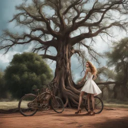 A massive tree stands in the middle, split in two by a crackling lightning bolt. On the left side, a model in haute couture dress. On the right side, an old rusted bike.