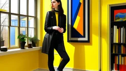 A medium shot of a room with yellow walls and floor, and a wall with a Mondrian-style painting. A young, fair-skinned woman with dark hair pulled back is standing near a window, pointing outside. She is wearing a black blazer, a white shirt, light-colored jeans, and black boots. The window has a black frame and two shelves. Outside the window, there are trees and a blue sky. The room is lit by natural light coming through the window and artificial light from the painting. The style is reminiscen