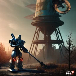 autmn, fallout 4 character, al gore windmill robot with axe in the streets of cyberpunk city filling up car, gaz station, unreal, spray paint, clay, vox model