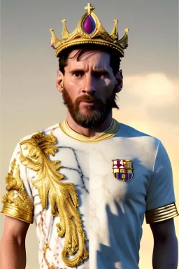 Realistic image, Baroque sculpture made in white marble with gold veins, Lionel messi with gold laurel leaves crown, decorative star on the chest, waist up portrait, marble material, gold ornaments, Baroque style, sun rays background, epic, celestial, cinematic lighting, God lights, 4k resolution, smooth details, soft lighting, unreal engine 5, art station, substance 3d.