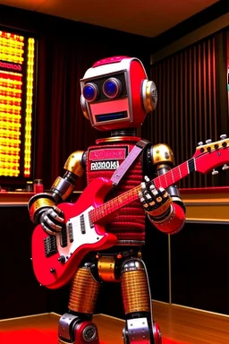 A hard rock robot is hosting a radio show in a m