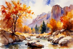 Sunny day, autumn trees, rocks, fantasy, mountains, epic, john singer sargent watercolor paintings