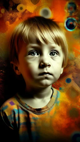 A child in Photomontage, layered colorful art,