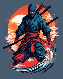 illustration for t-shirt design of a japanese Ninja, vector illustration, optimize for bold lines, vibrant colors suitable for printing, centered, isolated, illustration, vibrant. Full body