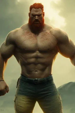 A upper body portrait of a beefy ginger sexy man by Greg Rutkowski, Sung Choi, Mitchell Mohrhauser, Maciej Kuciara,full body, midjourney style, 8k, photorealistic, cinematic lighting, dramatic, atmosphereric,