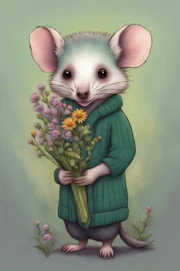 Green opossum wearing cardigan holding a bouquet of wildflowers cute art