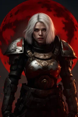 beautiful Chloë Grace Moretz as a space soldier, warhammer 40k, white hair, dressed in a oriental ornamented armor wth a skirt, exposed belly and shoulders, standing on a bloody battlefield, wearing holy symbols, blood moon in the background, sci-fi, confident, highly detailed face, very high resolution