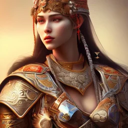 portrait of a warrior with ottoman beautiful girl themed armour, extremely detailed, UHD, 8k,The close-up camera effect,sharp focus, perfect position,hyperphotorealistic, unreal engine 5, octane render