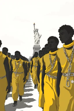 "A conceptual black-and- yellow , digital illustration of a massive black African slaves with chains walking in the same direction, , symbolizing conformity. Statue of Liberty in the background, The atmosphere feels lifeless and repetitive, emphasizing the ordinary mindset of the majority."