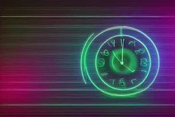 black background, outlines of a holographic clock and a picture in border drawn from thin neon-coloured glowing lines