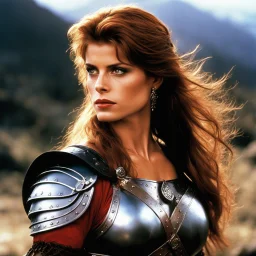 [high res 24k photo] Nastassja Kinski is a fierce warrior, blending the ferocity of Red Sonja with the seductive allure of Lilith, Queen of Vampires. With her hair cascading down her back, her piercing emerald eyes reflect both strength and an enigmatic depth. Clad in dark leather armor adorned with ancient symbols, she moves with an agility that belies her formidable power. Haunted by a tragic past, she wields a dual-edged sword, its blade inscribed with runes that pulse with dark energy. Nast