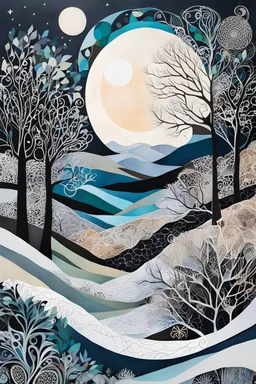 abstract paper collage overlayed with Zentangle patterns that depict the vastly diverse landscape of Nature bathed in pale moonlight of winter, highly detailed, vibrant natural color, with bold ink outlining