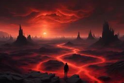 A barren wasteland stretches as far as the eye can see, bathed in an eerie red glow emanating from the ominous skies above. Jagged rocks jut out from the cracked earth, and rivers of molten lava snake through the landscape, casting flickering shadows across the desolation. In the midst of this infernal panorama lies the fallen figure of a human, their silhouette barely discernible amidst the swirling mists of brimstone. The air is thick with the acrid scent of sulfur, and distant screams echo