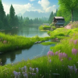 landscape 8k ultra realistic, beautiful, grass meadow with river, in a pastel style, beaver