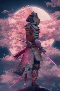 Mystical samurai emitting an aura with a long, neon sword emitting an aura