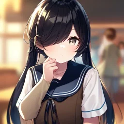 Clear focus, High resolution, long black hair, hair covering eyes, straight long locks, grey eyes, wearing a sailor uniform, wearing a sailor skirt, wearing a brown vest, cute, 1girl