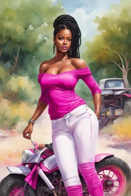 Create a watercolor image of a curvy African American female wearing tight white jeans and a off the shoulder hot pink blouse. She is also wearing timberland boots. Prominent make up with hazel eyes. Highly detailed very long extremely braids of black hair. Her skin is smooth and silky. Background of a track of ATV riders.