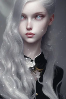 A beautiful young woman with long white hair and blue eyes, pale skin with opal freckles. Wearing a black dress. A man with long black hair in a Victorian suit. Couple.