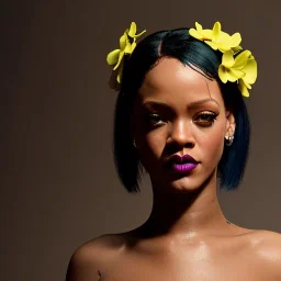 Rihanna as smurf with yellow flowers for hair,zoom eyes, closed eyes, rtx, reflection, 8k, glow, winning photography, caustics