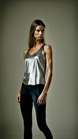 photography of a beautiful anorexic woman, silver satin top, sports illustrated, capri leggins