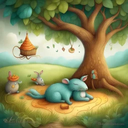 Storybook illustration of the Hare and tortoise fable, lazy Hare is sleeping under an oak tree, by Alexander Jansson, whimsical, by Shaun Tan, storybook page textures