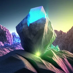 photograph of a (one massive colorful crystal:1.2) growing out of the rocky mountain, (focus on crystal:1.2), 4k, 8k, (highly detailed), ((landscape)),(translucent crystal:1.1), light going trough the crystal, bokeh, chromatic aberration, mountain view,