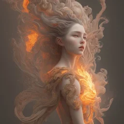 character render a goddess of fire, intricate, flowy, volcanic ash, lava as hair, smoke, intangiable, close-up, centered, Character concept by yoshitaka amano, herbert arnould olivier, alphonse mucha, Akihiko Yoshida, Hyung-tae Kim, alexander mcqueen. trending on Artstation