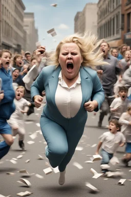 an obese terrified blonde woman crying and sobbing in a pant suit desperately running away from an angry mob of thousands of kids chase her down a city street throwing books at her