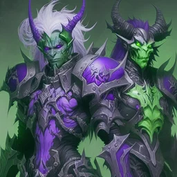 Demonio de armadura morada y verde con cabello blancos posando junto con un demonio de armadura negra y verde con cabello negro