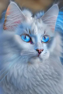 Attractive white cat with blue eyes and white feathers around it