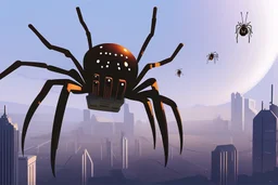 ilustración de una araña gigante sobre una ciudad en una ilustración al estilo de Peter Elson