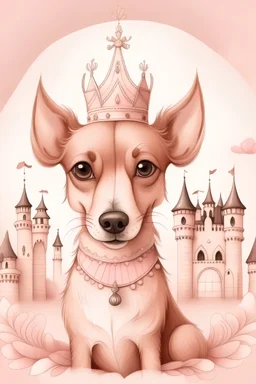 Retrato de un perro color canela con corona de princesa fondo blanco y rosa y un castillo