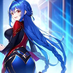 girl, masterpiece, best quality, volumetric lighting, detailed outfit, perfect eyes, blue hair, red eyes, long hair, laughing, braided ponytail, looking back,