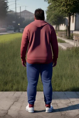 full figure shot back view of a fat guy , timid 45-year-old italian chubby in tracksuit, big buns, at bus stop photorealistic, ambient occlusion, sunlight