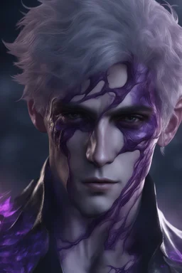 Your poison is running through my veins, close up of purple veins standing out on an Attractive man's face after he got the kiss of death, eyes closed, hyper realistic, anime,gothic, 8k