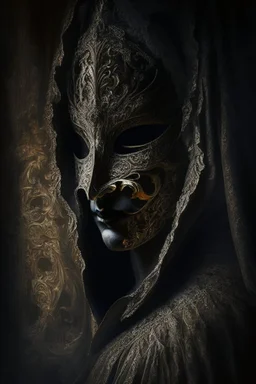 An intriguing, chiaroscuro-style portrait of a mysterious figure wearing a Venetian mask, shrouded in shadows and a dramatic play of light and dark, capturing the enigmatic aura and the intricate details of the ornate mask.