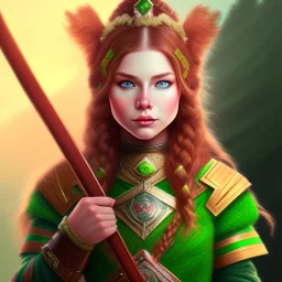 Halfling, woman, full body, red braid hair, adventurer, green eyes, magic staff