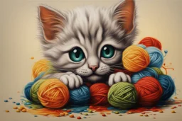 cute chibi kitten in colourful, soft cotton yarn balls in sunshine Weight:1 surrealism Salvador Dali matte background melting oil on canvas Weight:0.9