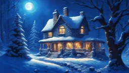 cottage in the woods, warmly lit windows at night, blue cold surroundings, snow-covered trees, starry night, magical atmosphere, contrasting colors, ultra detailed, fantasy, illustration, by Thomas Kinkade and Hayao Miyazaki, deviantart, stunningly beautiful, cinematic, dreamlike