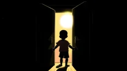 Ilustración de un niño atrapado dentro de un armario oscuro. El armario cerrado tiene pequeños orificios a través de los cuales entra la luz de sol.