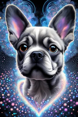 large eyed happy puppy grey frenchton in the distance intricate HEART shaped majestic cinematic holographic painting of a high magnitude of a many abstract big dots wrapped in smoke lines of a wanting to become an emitter fractal, cinematic eye view