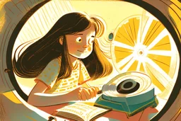 brunette girl cutting film reels in a study, children's book illustration in style of Brigette Barrager, Sven Nordqvist and Nicole Rubel in sunshine