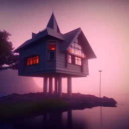 beach house, city, night time, destroyed buildings , unity, scriptable render pipeline , lighting , volumetric , global illumination, skybox , foggy .