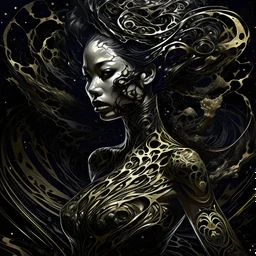 beautiful woman, Black ink flow, 8k resolution, photorealistic masterpiece by Aaron Horkey and Jeremy Mann, intricately detailed fluid gouache painting by Jean Baptiste, professional photography, natural lighting, volumetric lighting, maximalist, 8k resolution, concept art, intricately detailed, complex, elegant, expansive, fantastical, cover, brass and chrome tones