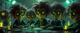 high class realism, the board in the style of fallout 4, A really close up portrait of one person individually mutated with hairy wigs glowing, messed up uranium creatures in a dimly lit boardroom, wearing tiny suits and glasses, with playful but slightly mischievous expressions. Their bodies emit a soft greenish glow. The room is filled with scattered papers, glowing vials, and miniature nuclear reactors. Style: whimsical digital illustration, cinematic lighting, colorful