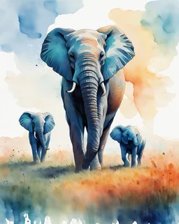 a large female elephant and her calf walking across a grass covered field, front view, low angle, strolling dynamics, perfect anatomy, slow-mo running in savanna, Africa, watercolor, tint leak, hazy, colors of blue, indigo, teal and orange