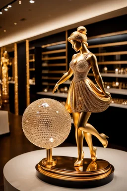 A magnificent cristal and gold heart-shaped sign adorned with a stunning berliant sphere encrusted with sparkling diamond clusters at its center, elegantly spinning in position,a golden Statue of a girl in standing pose,wearing 1960 clothing