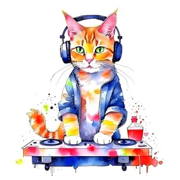 cute dj cat, full body, watercolor paiting