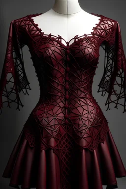 Dark red, off-the-shoulder, leather dress with lace inspired by fractals in geometry.